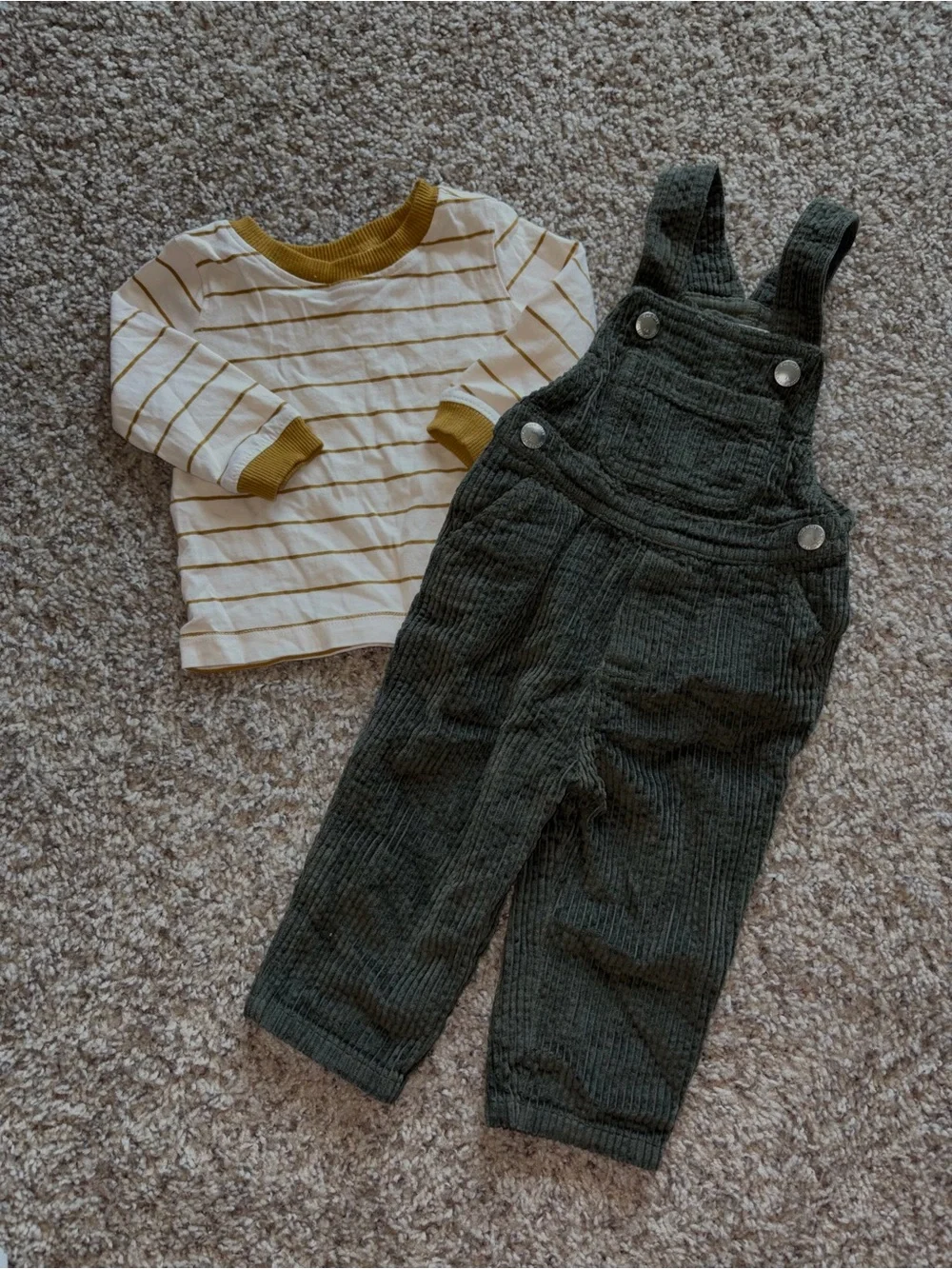 Old Navy Olive Green Corduroy Overalls with Cream & Mustard Striped Top